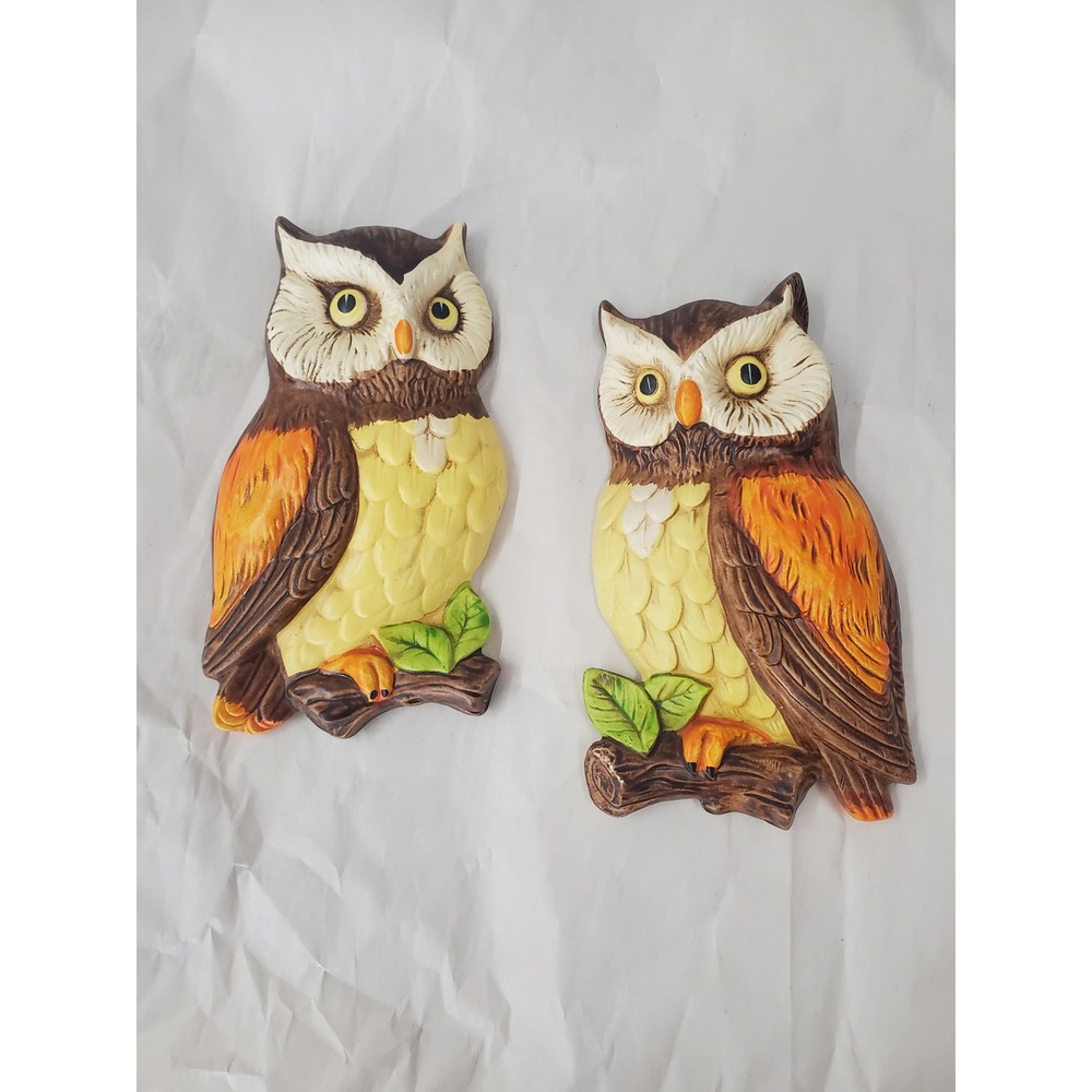 Vintage Lefton Ceramic Owl Wall Plaques Set of 2 Brown Orange Yellow Japan 382